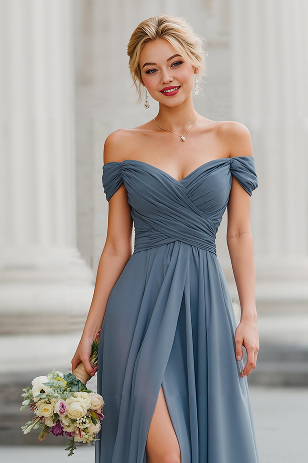 Twilight A Line Off the Shoulder Maxi sukienka dla druhen z rozcięciem