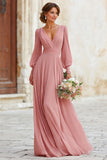 Sukienka dla druhen z dekoltem w szpic i talią Dusty Rose Maxi A Line z rękawami