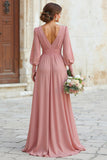 Sukienka dla druhen z dekoltem w szpic i talią Dusty Rose Maxi A Line z rękawami