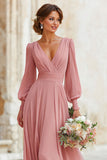Sukienka dla druhen z dekoltem w szpic i talią Dusty Rose Maxi A Line z rękawami