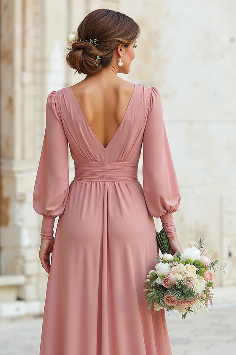 Sukienka dla druhen z dekoltem w szpic i talią Dusty Rose Maxi A Line z rękawami