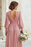 Sukienka dla druhen z dekoltem w szpic i talią Dusty Rose Maxi A Line z rękawami