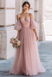 Dusty Rose Long A Line Off Off Shoulder Sukienka dla druhen z rękawami