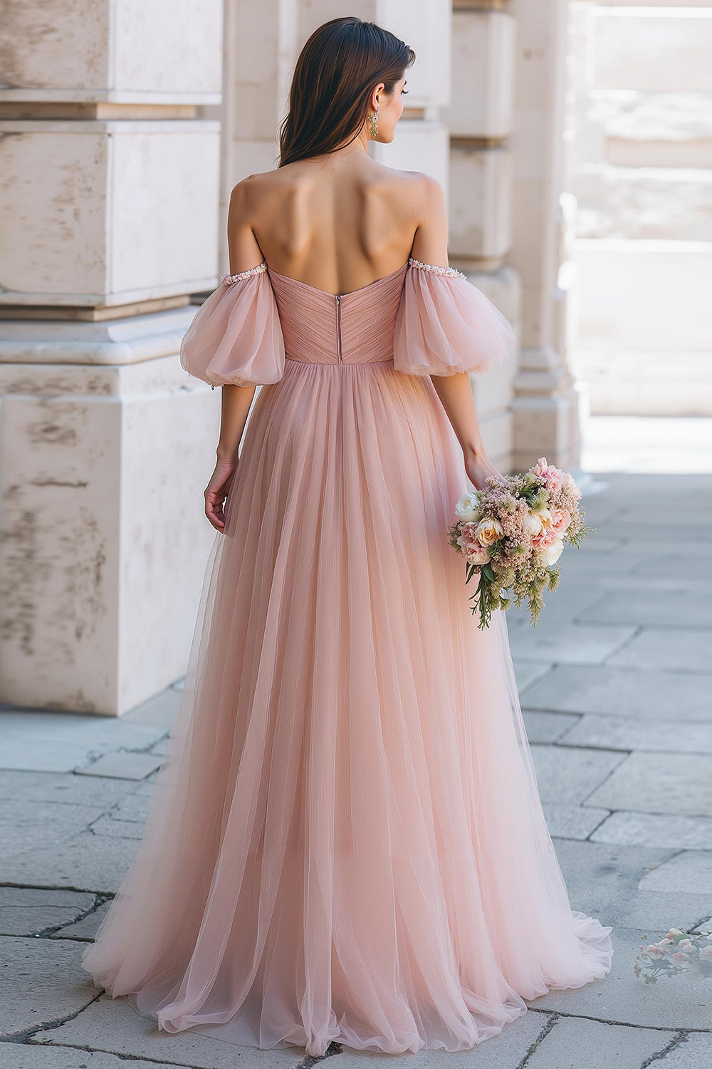Dusty Rose Long A Line Off Off Shoulder Sukienka dla druhen z rękawami