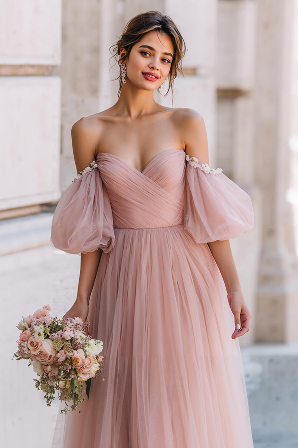 Dusty Rose Long A Line Off Off Shoulder Sukienka dla druhen z rękawami