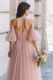 Dusty Rose Long A Line Off Off Shoulder Sukienka dla druhen z rękawami