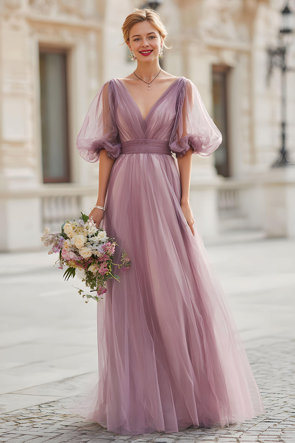 Vintage Mauve V-Neck A Line Długa Sukienka Druhny Z Rękawami