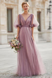 Vintage Mauve V-Neck A Line Długa Sukienka Druhny Z Rękawami
