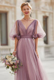 Vintage Mauve V-Neck A Line Długa Sukienka Druhny Z Rękawami
