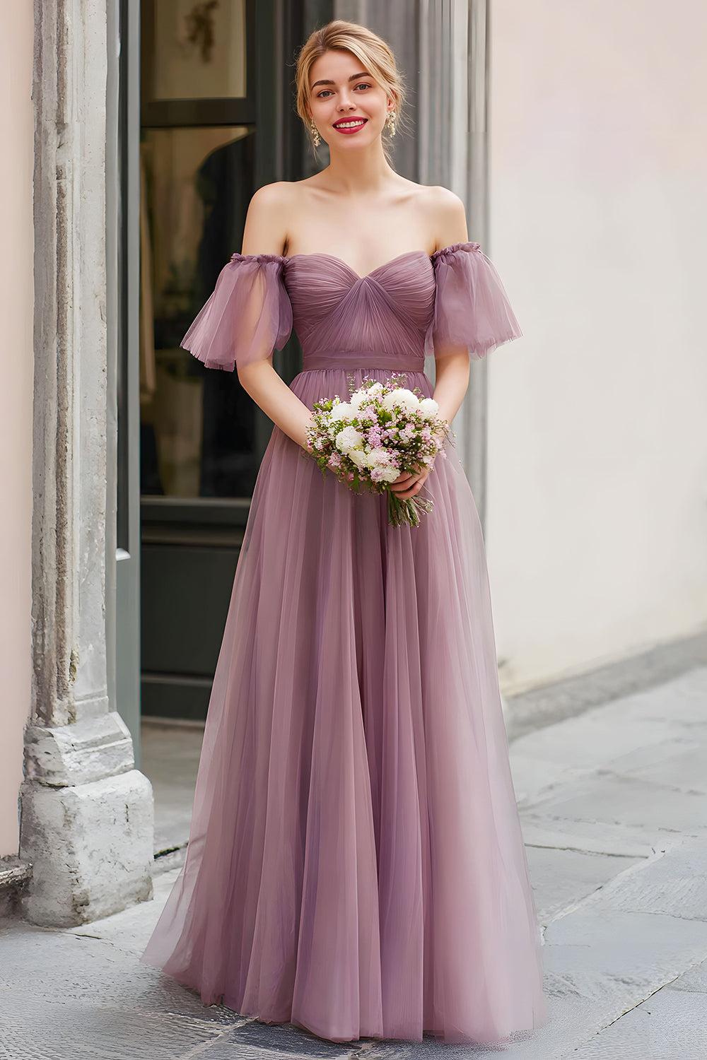 Vintage Mauve Długa Linia Off Ramiona Sukienka Druhny