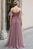 Vintage Mauve Długa Linia Off Ramiona Sukienka Druhny