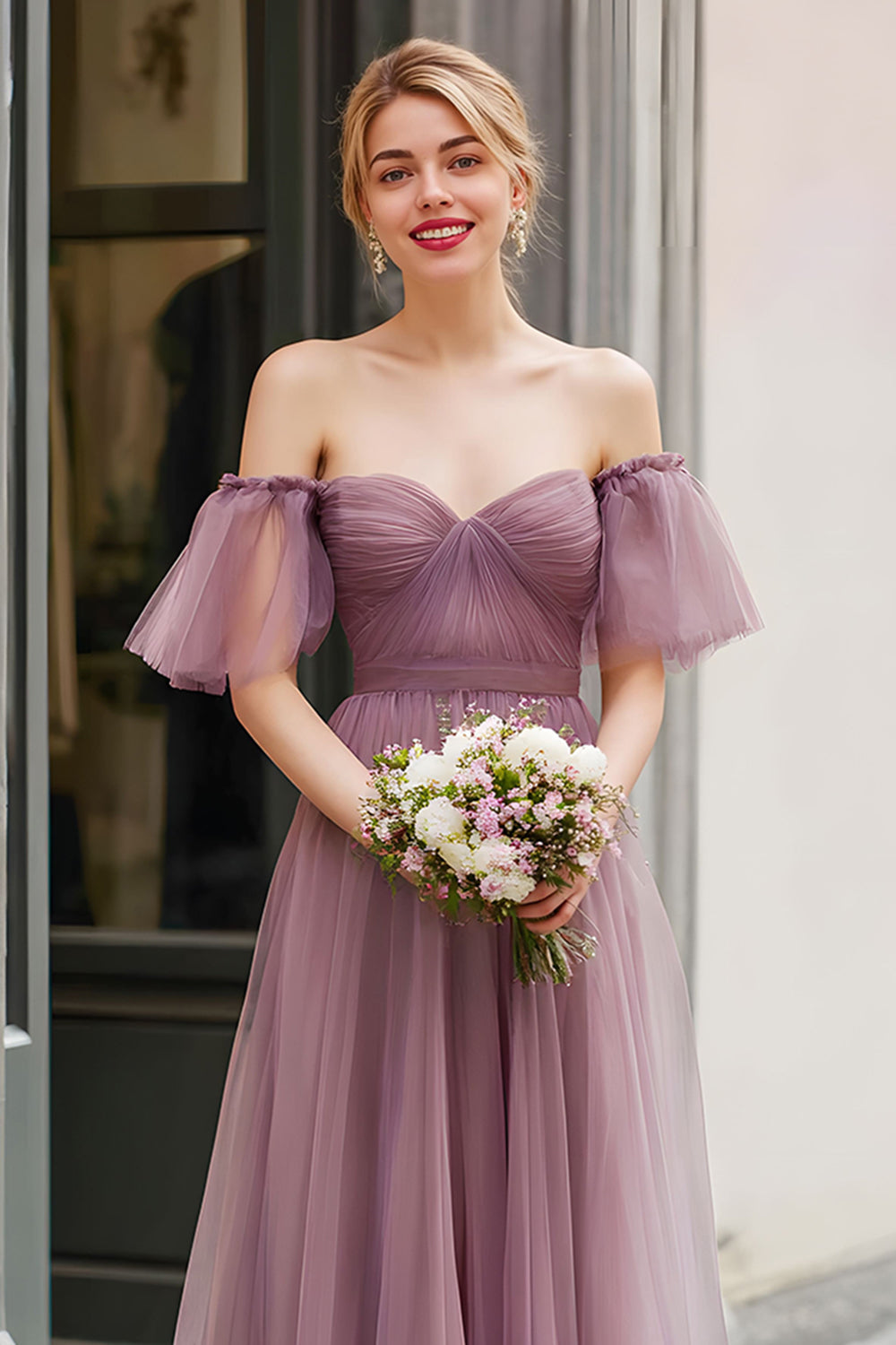 Vintage Mauve Długa Linia Off Ramiona Sukienka Druhny