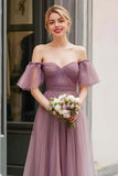 Vintage Mauve Długa Linia Off Ramiona Sukienka Druhny