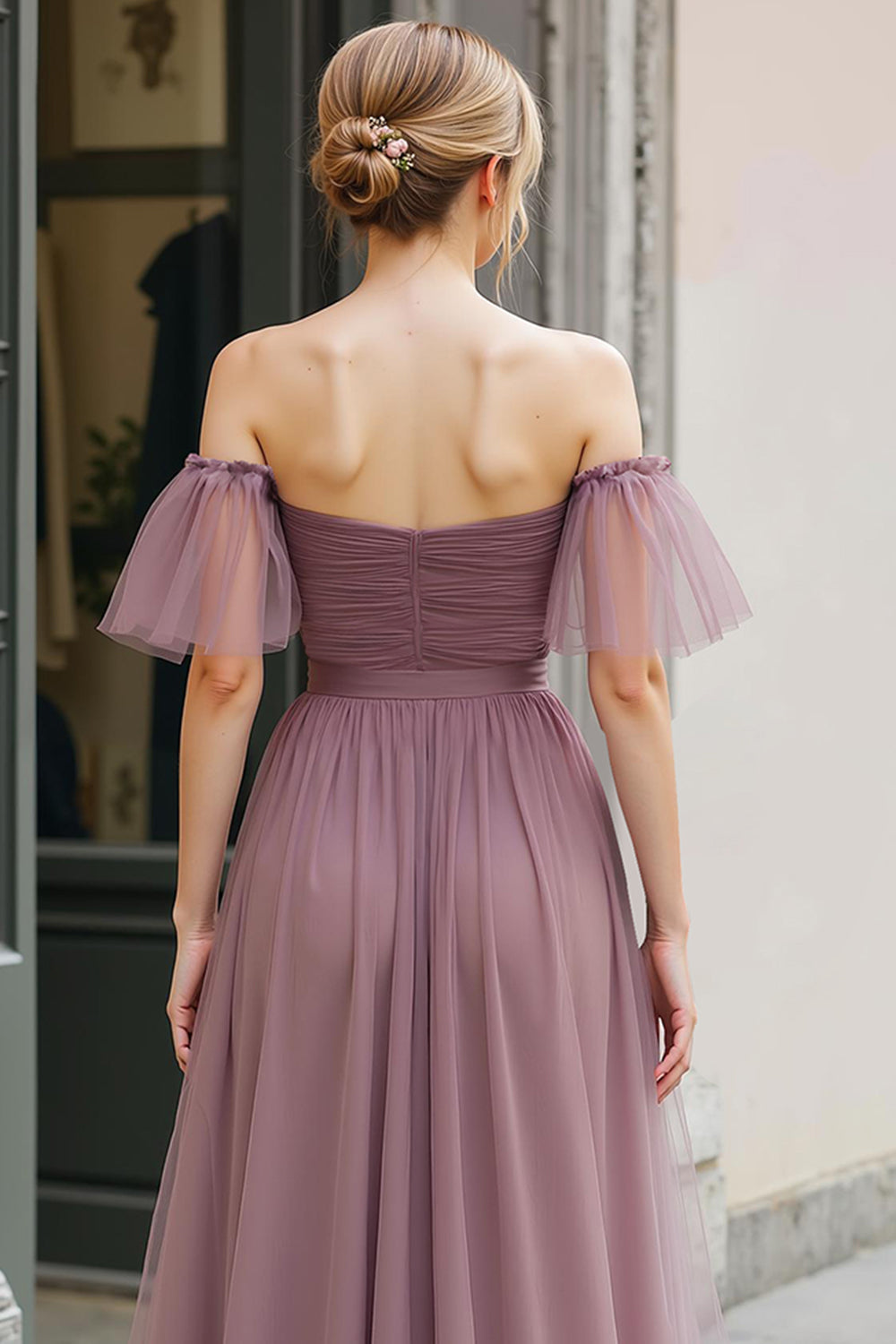 Vintage Mauve Długa Linia Off Ramiona Sukienka Druhny
