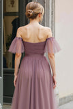 Vintage Mauve Długa Linia Off Ramiona Sukienka Druhny