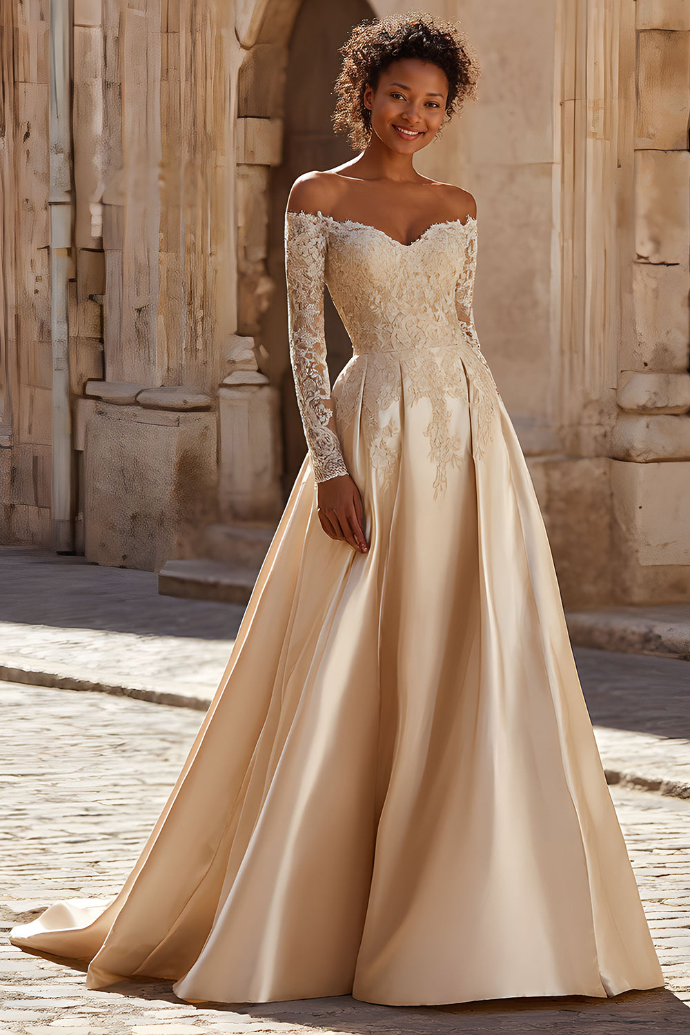 Szampan Satyna Off Shoulder Princess Sweep Train Suknia ślubna z koronką