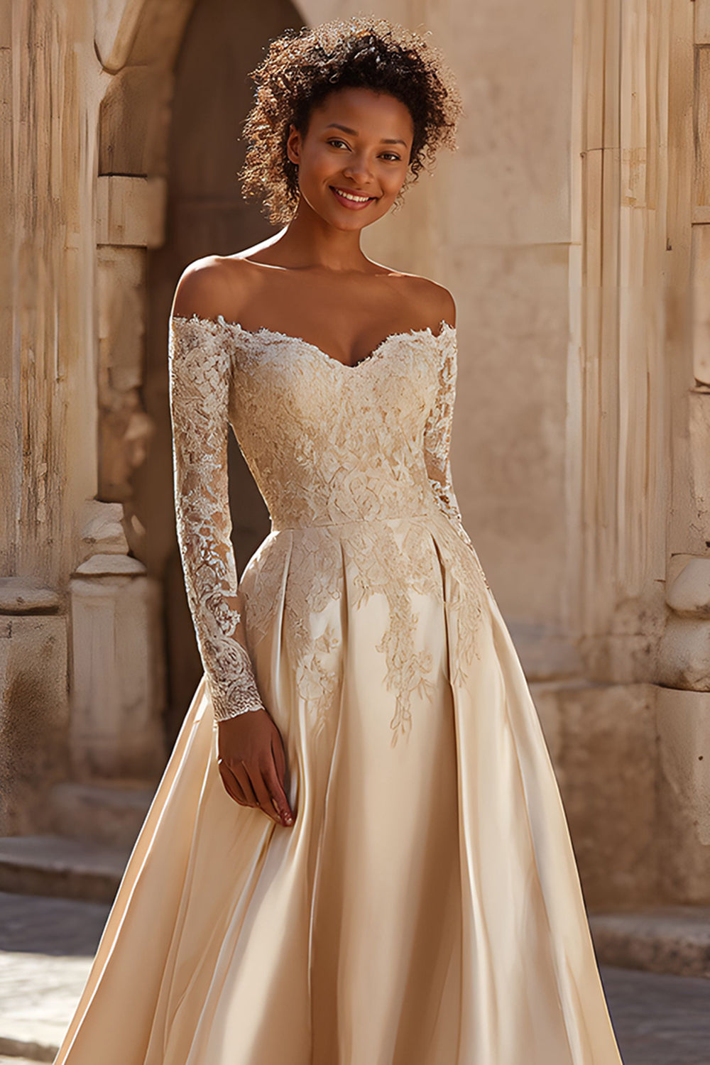 Szampan Satyna Off Shoulder Princess Sweep Train Suknia ślubna z koronką