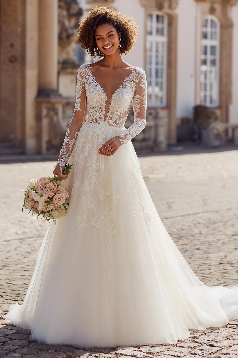 Linia A Ivory V-Neck Koronkowa Aplikacja Tiulowy Tren Dworski Suknia Ślubna