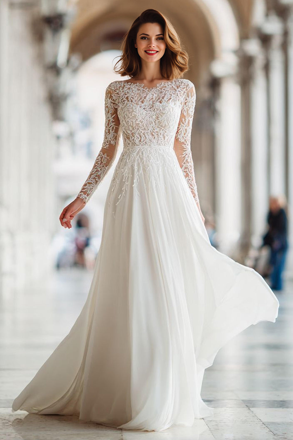 Ivory Lace A Line Suknia ślubna z długim rękawem