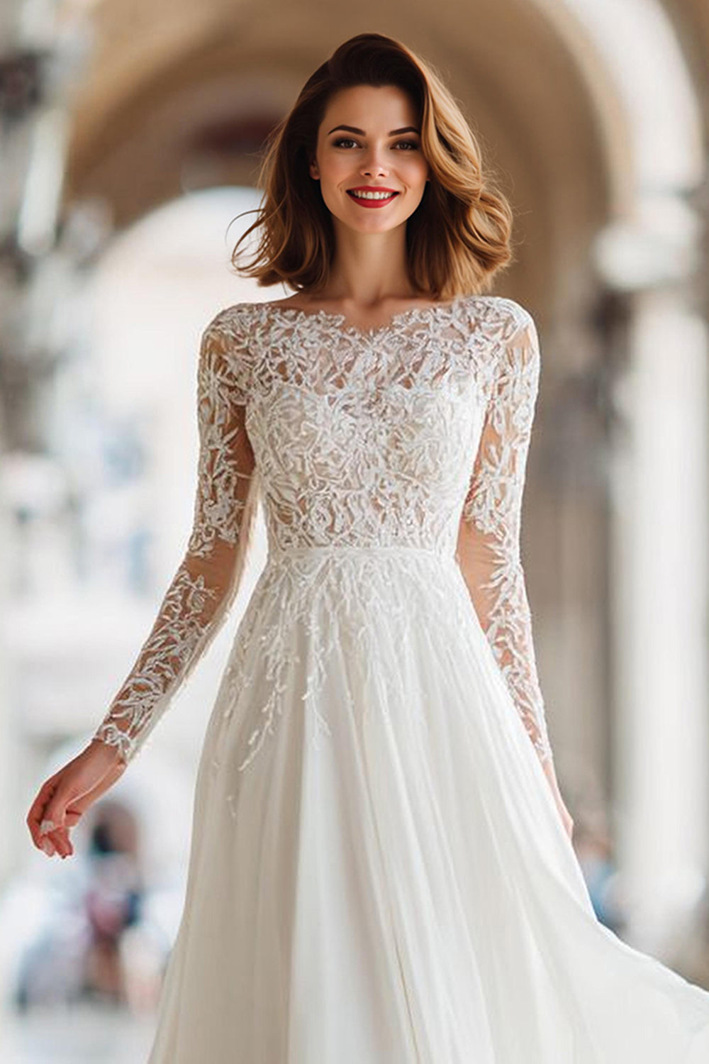Ivory Lace A Line Suknia ślubna z długim rękawem