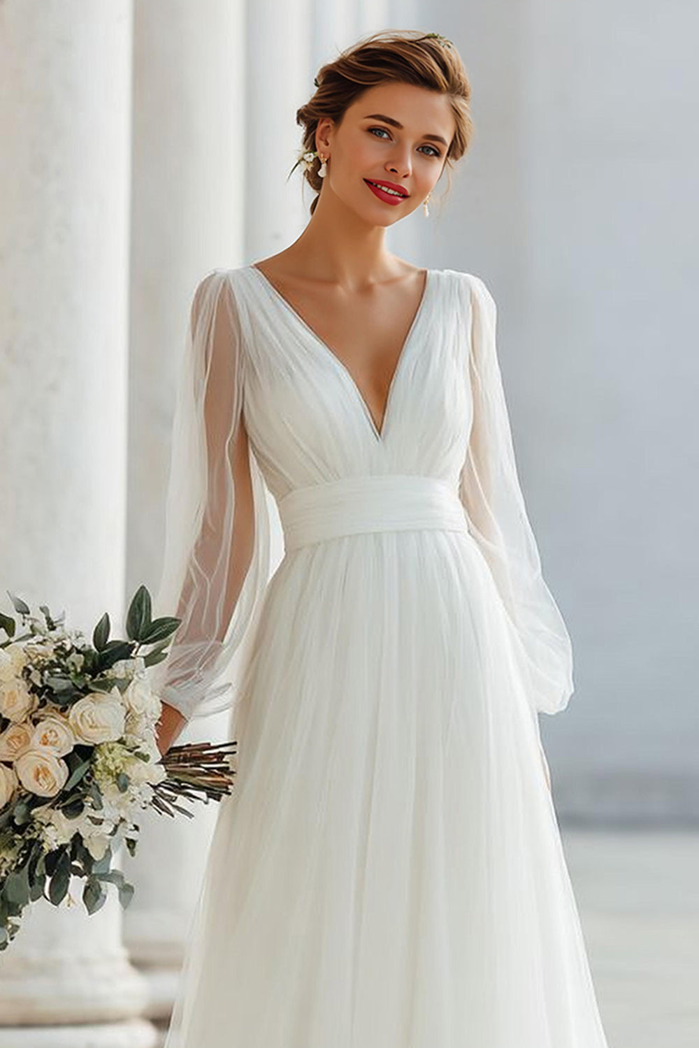 Ivory V-Neck A Line Suknia Ślubna Z Długim Rękawem