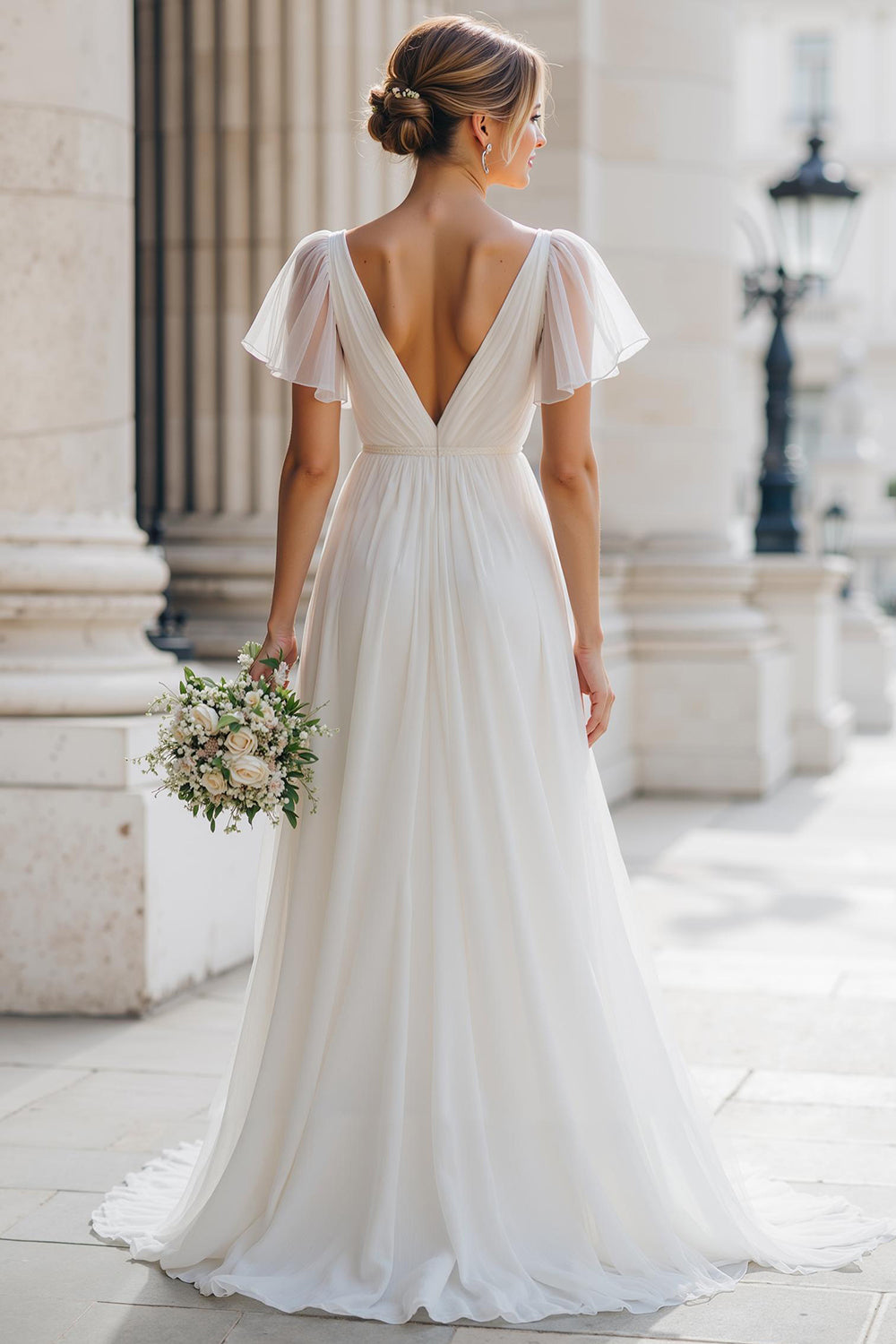 Ivory V-Neck A Line Suknia Ślubna Z Krótkim Rękawem