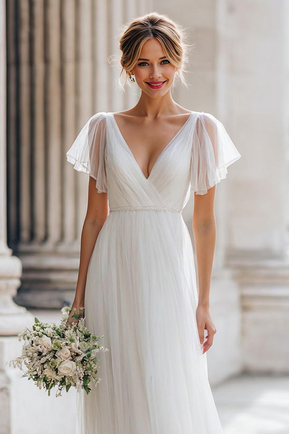 Ivory V-Neck A Line Suknia Ślubna Z Krótkim Rękawem