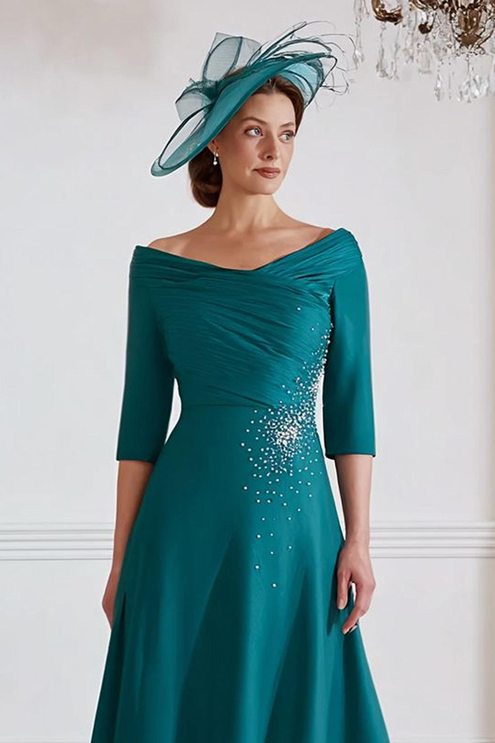 Peacock Green A Line Midi Sukienka dla matki panny młodej z półrękawami