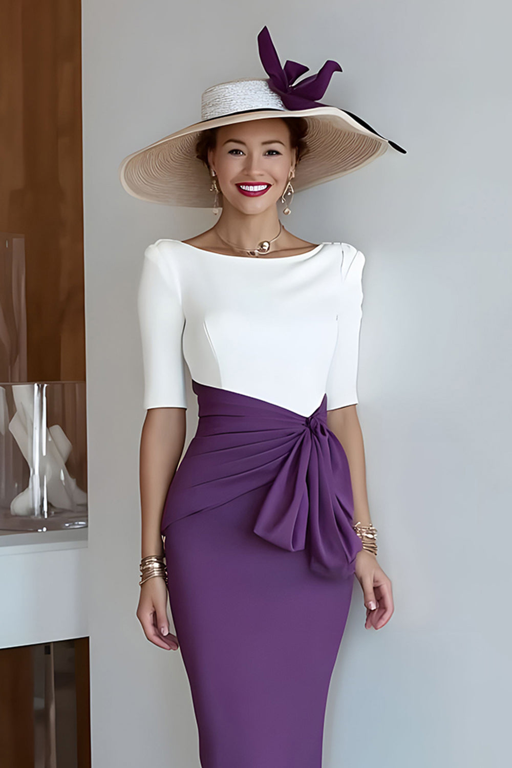 winogrona bodycon satynowy okrągły dekolt midi sukienka dla matki panny młodej