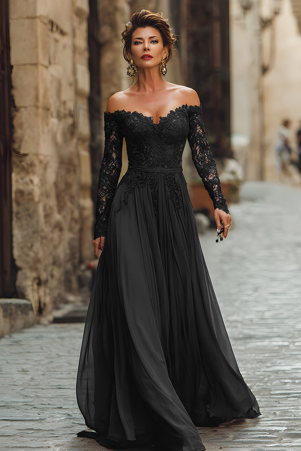 Cabernet Linia Off The Shoulder Długa Sukienka Dla Matki Panny Młodej Z Koronką
