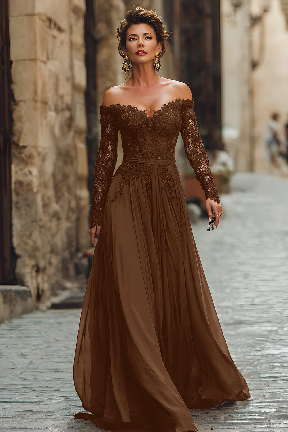 Cabernet Linia Off The Shoulder Długa Sukienka Dla Matki Panny Młodej Z Koronką