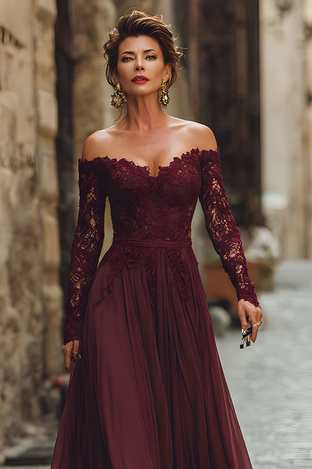 Cabernet Linia Off The Shoulder Długa Sukienka Dla Matki Panny Młodej Z Koronką