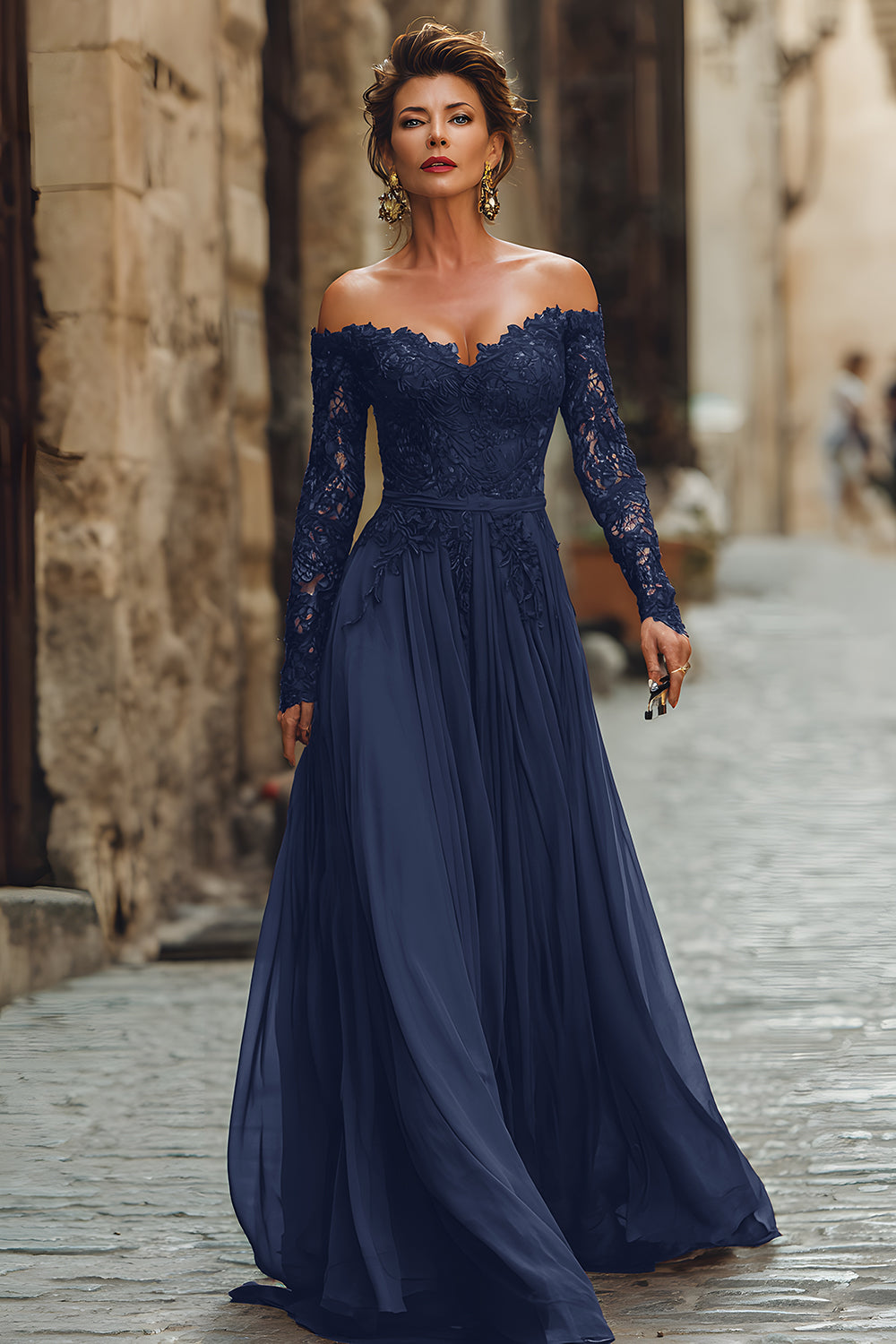 Cabernet Linia Off The Shoulder Długa Sukienka Dla Matki Panny Młodej Z Koronką