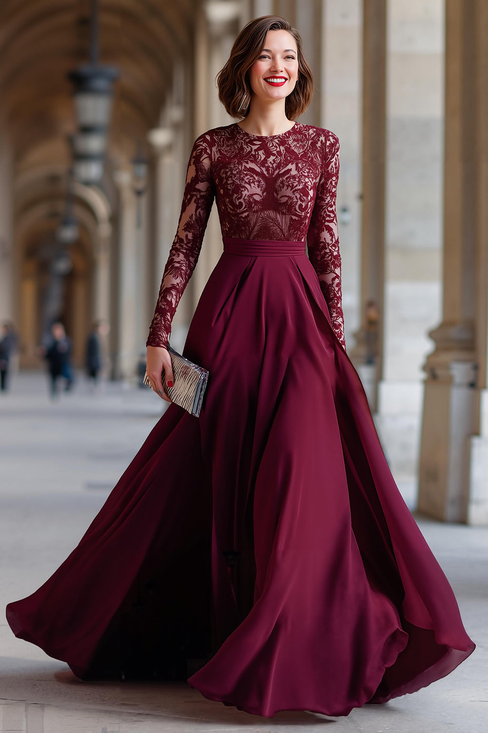 Cabernet Chiffon A Line Długie Rękawy Sukienka Matki Panny Młodej Z Koronką