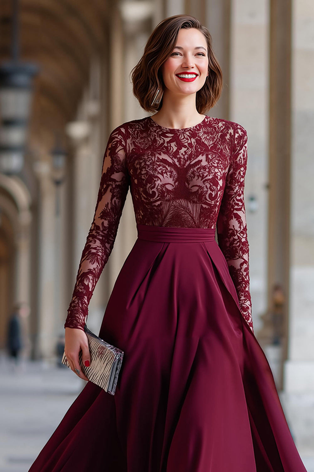 Cabernet Chiffon A Line Długie Rękawy Sukienka Matki Panny Młodej Z Koronką