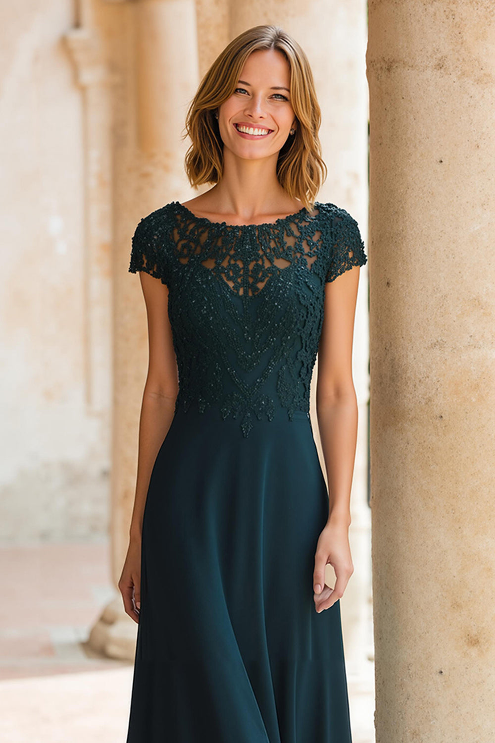 Peacock Green Okrągły Dekolt Szyfon A-Line Długa Sukienka Dla Matki Panny Młodej Z Rękawami