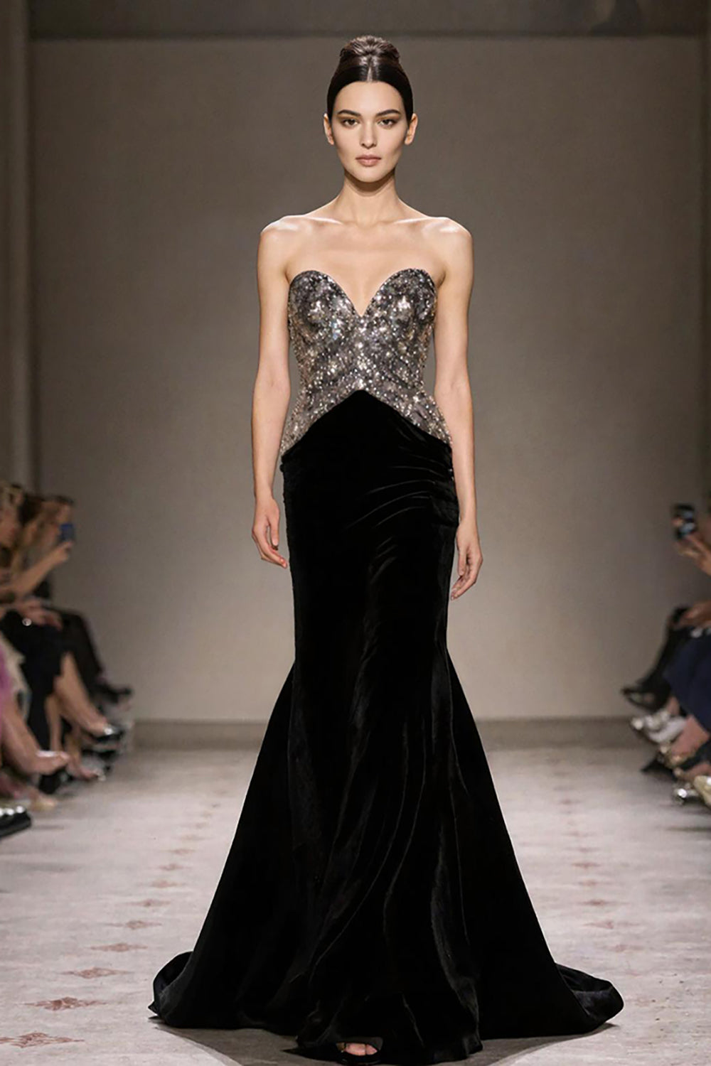 Błyszcząca Czarny Aksamitna Długa Dekolt W Kształcie Serca Sukienki Wieczorowe z Cekinowe