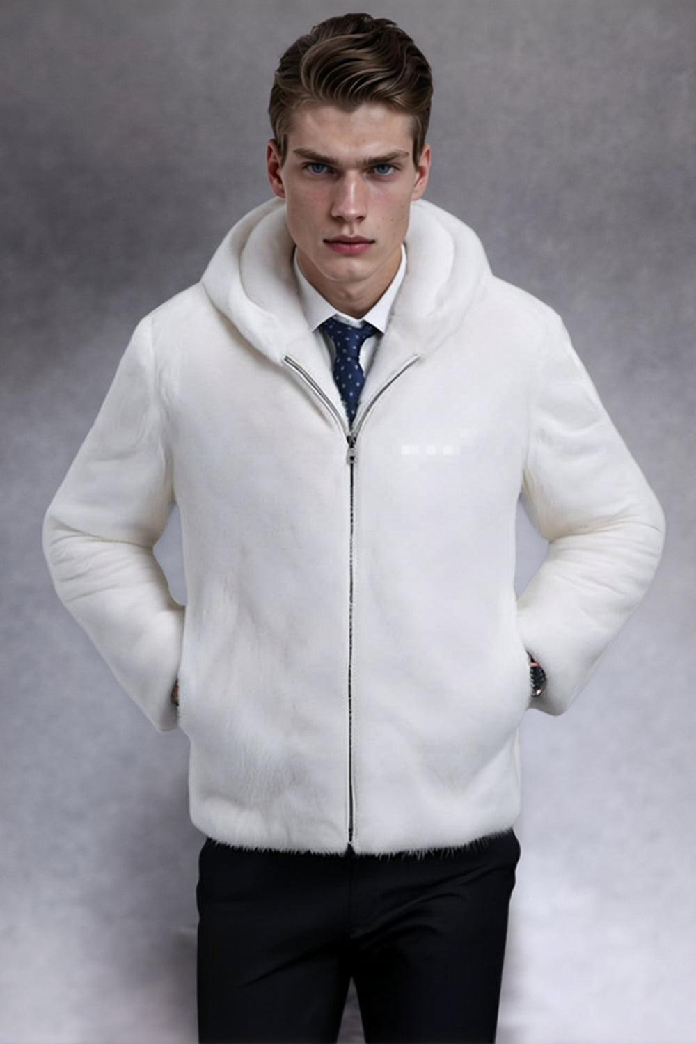 Biały gruby męski płaszcz ze sztucznego futra z kapturem