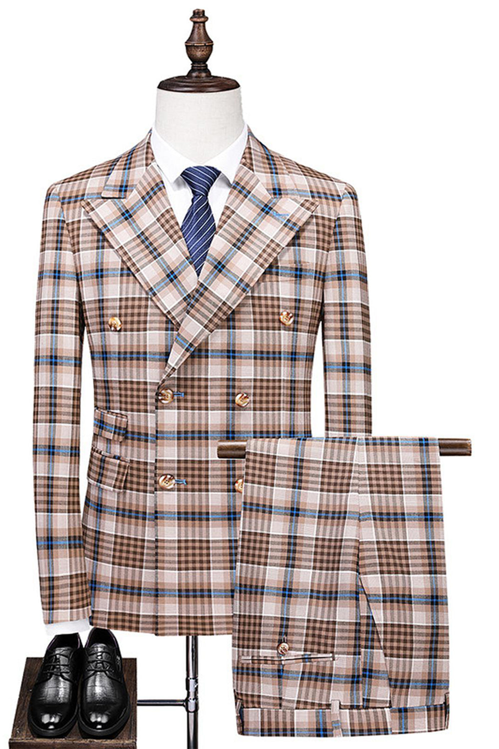 Vintage Peak Lapel Slim Fit 2-częściowe czarne niebieskie męskie garnitury w kratkę