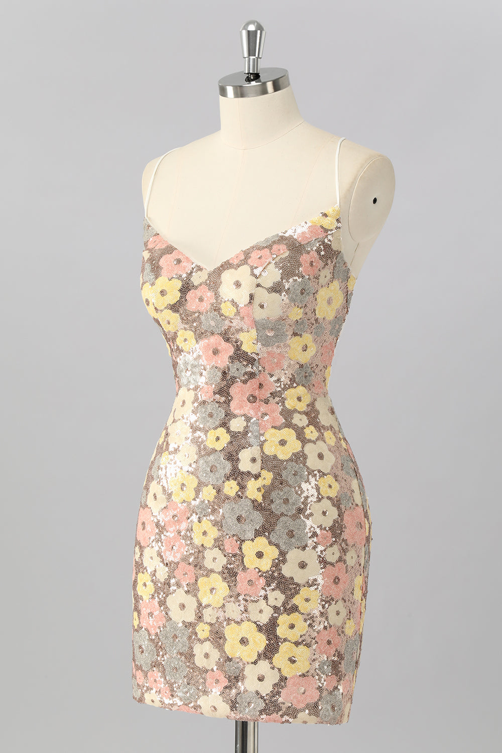 Żółta kwiatowa cekinowa sukienka bodycon mini homecoming