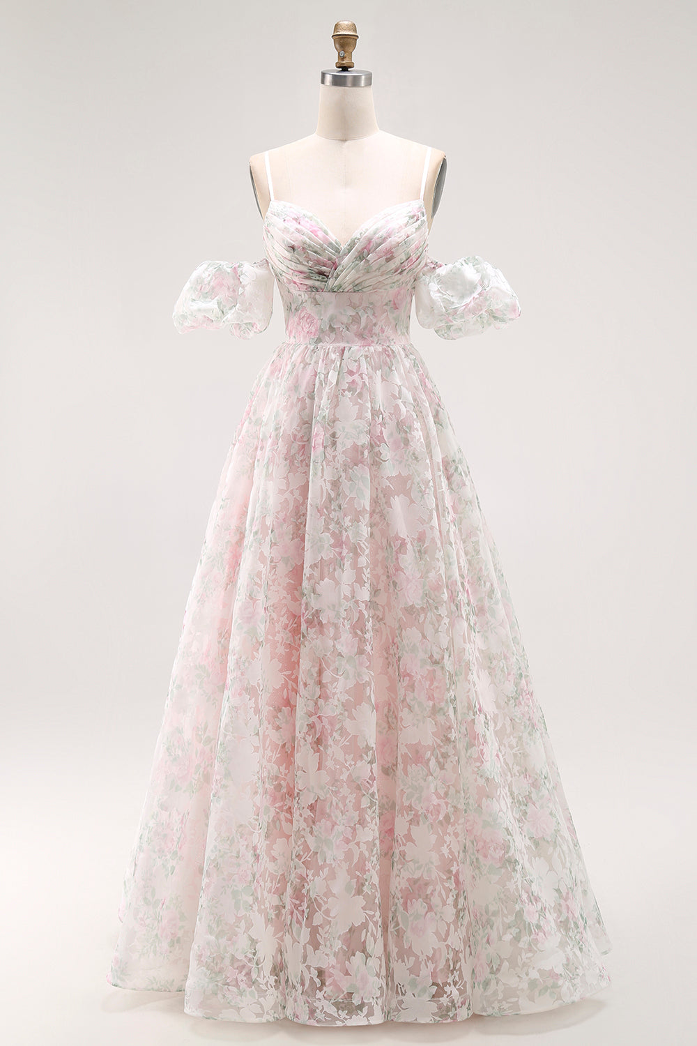 Cold Shoulder Blush Flower Printed A Line Długa Sukienka Na Studniówkę