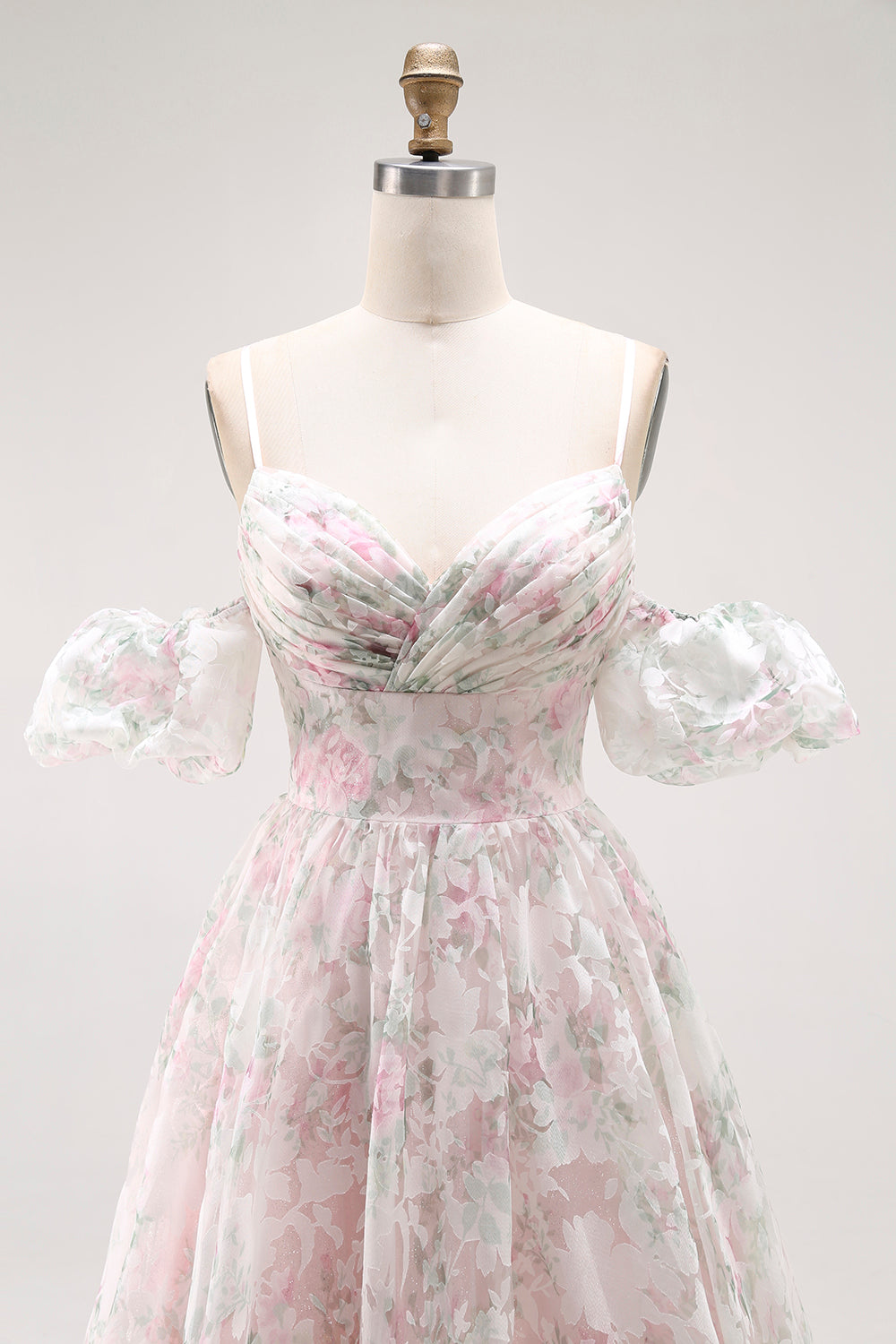 Cold Shoulder Blush Flower Printed A Line Długa Sukienka Na Studniówkę