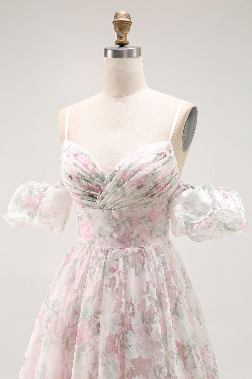 Cold Shoulder Blush Flower Printed A Line Długa Sukienka Na Studniówkę