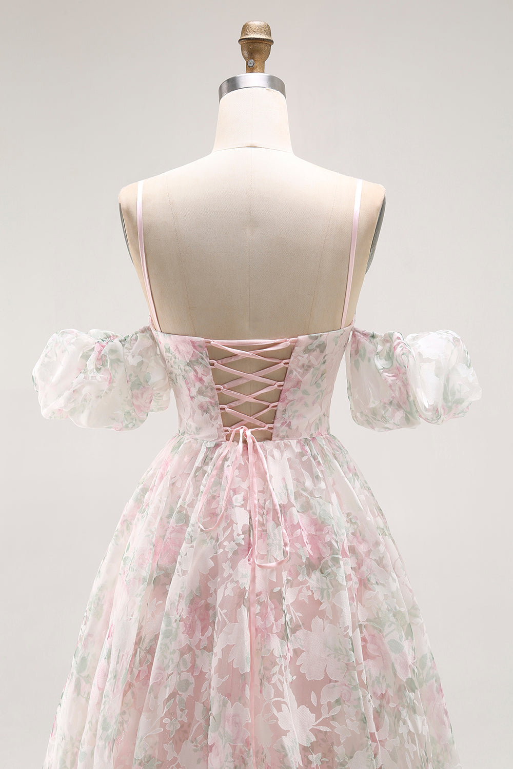 Cold Shoulder Blush Flower Printed A Line Długa Sukienka Na Studniówkę