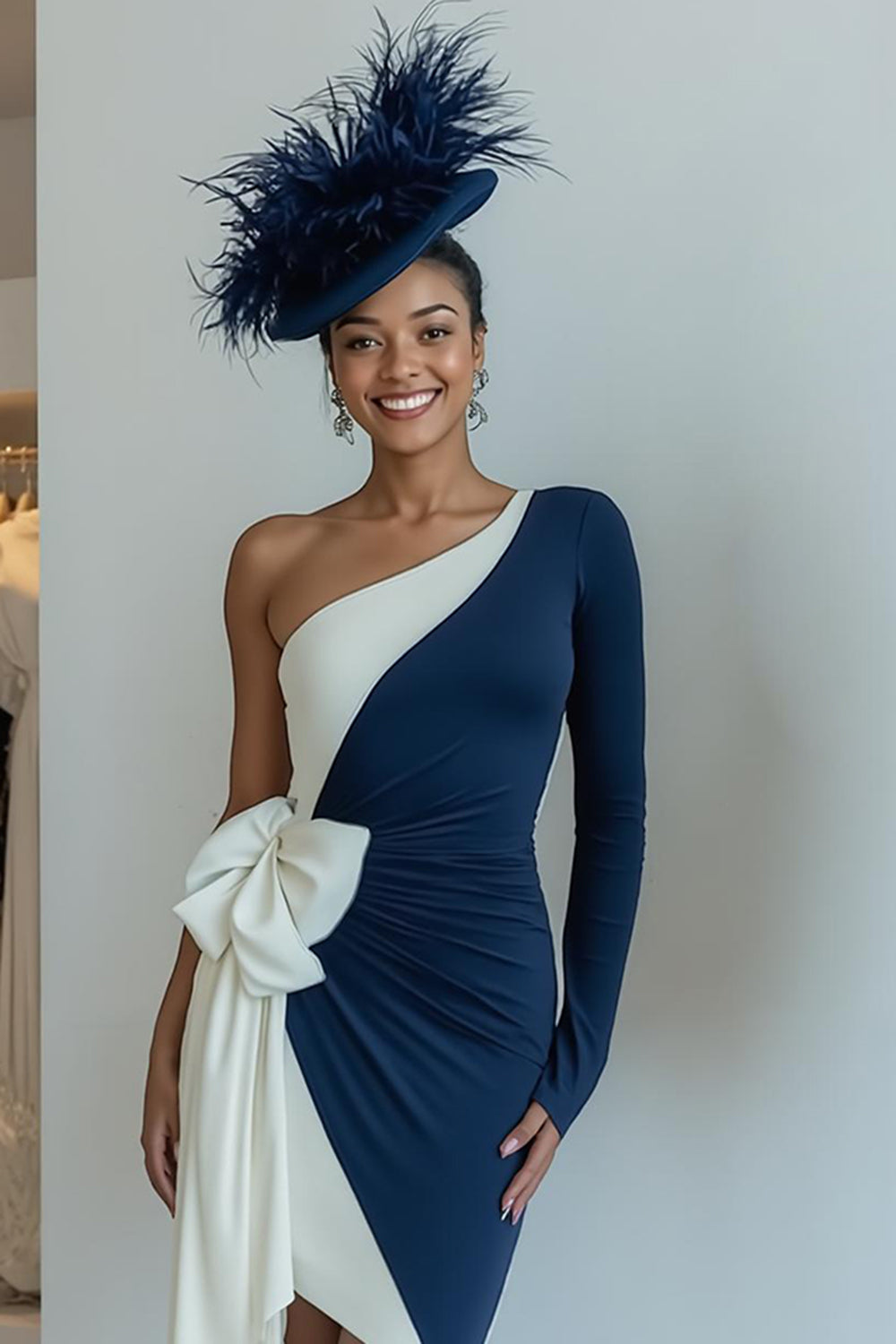 sukienka bodycon midi na jedno ramię dla matki panny młodej z kokardą