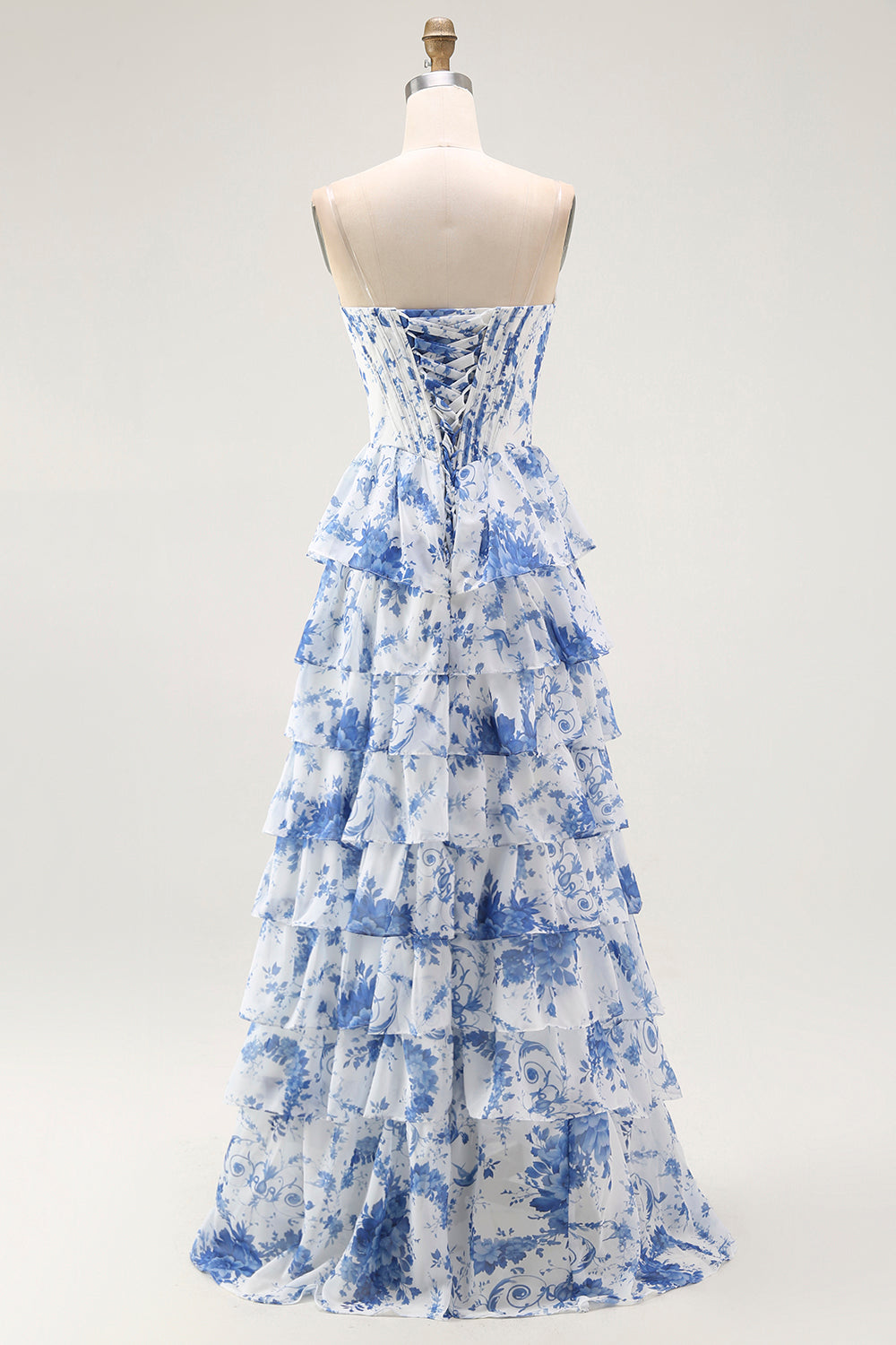 Biały Niebieski Gorset Kwiatowy Księżniczkowa Sukienka Na Studniówkę z Rozcięciem