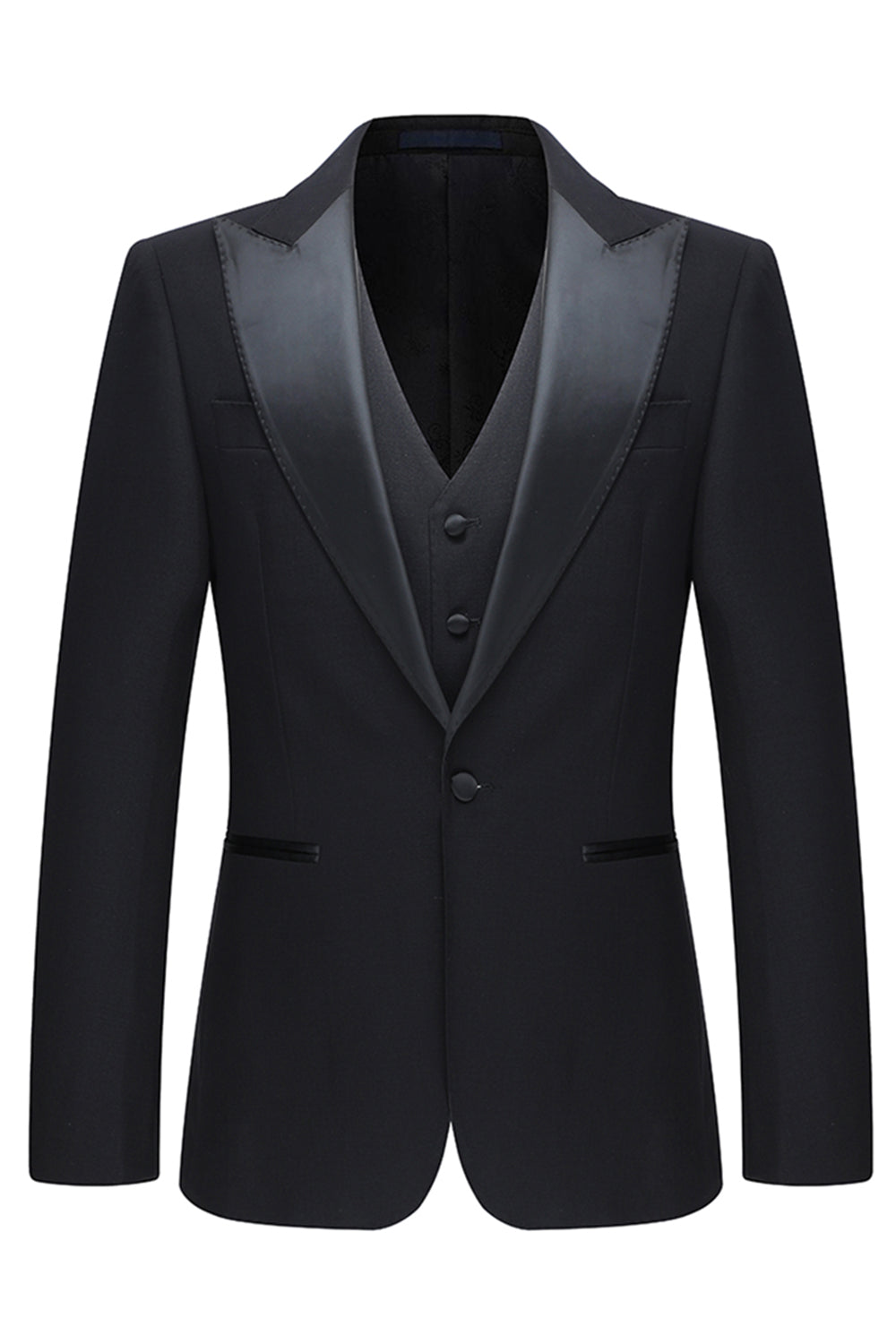 Czarne 3-częściowe męskie garnitury ślubne z klapami w kształcie szpiku slim fit