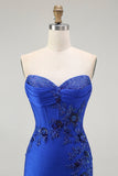 Błyszcząca Królewska Niebieska Gorset Syrenka Długa Sukienka Na Studniówkę z Koralikami