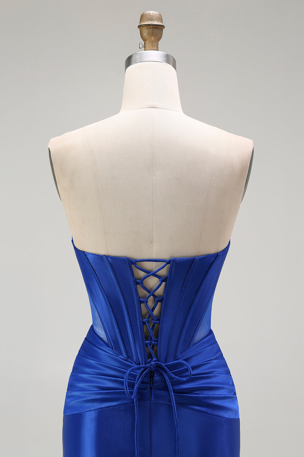 Błyszcząca Królewska Niebieska Syrenka Satynowa Bez Ramiączek Długa Sukienka Na Studniówkę z Koralikami