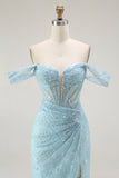 Błyszcząca Niebieska Syrenka Długa Cekinowe Gorset Sukienka Na Studniówkę z Koralikami